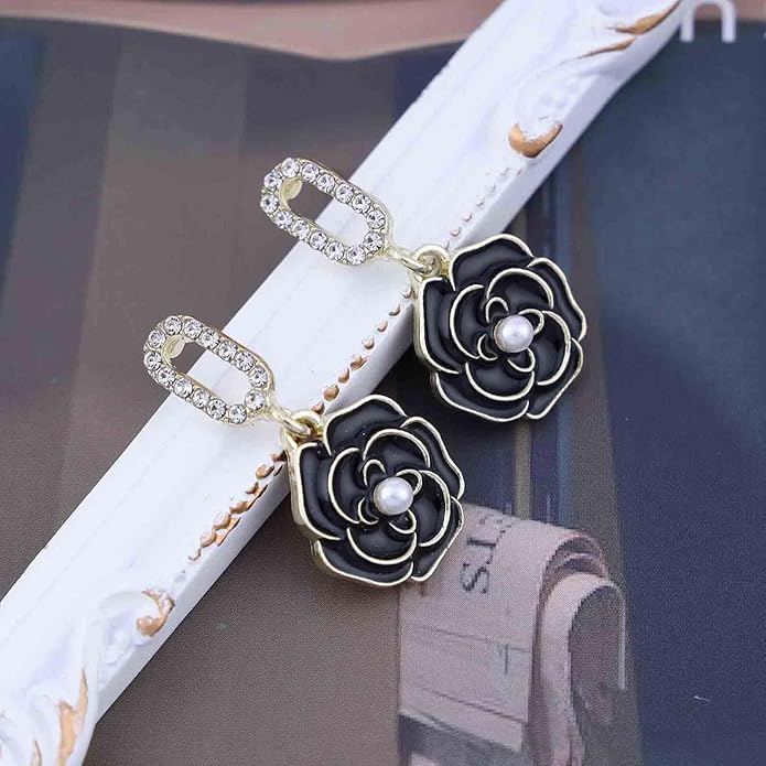 Vintage Black Crystal Flower Drop Earrings