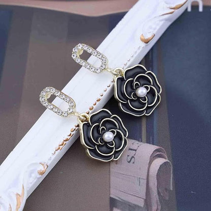 Vintage Black Crystal Flower Drop Earrings