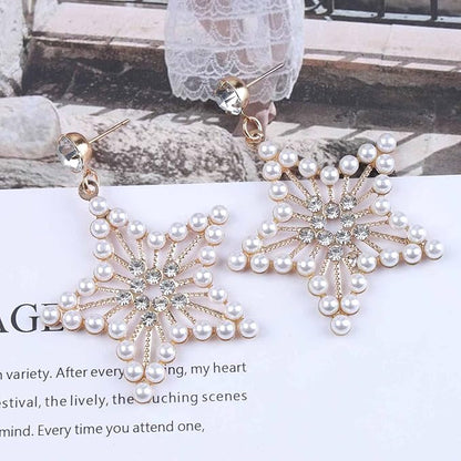Vintage Pearl Star Drop Earrings Crystal
