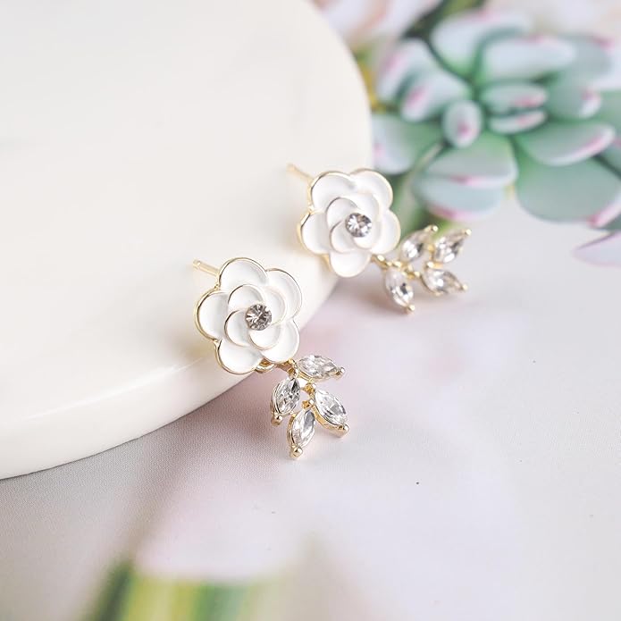 Vintage Crystal Flower Earrings Rhinestone Leaf