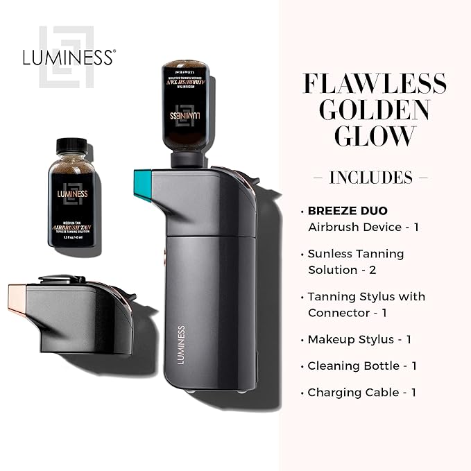 LUMINESS BREEZE DUO TANNING AIRBRUSH SYSTEM, Medium Tan – Self Tanner Kit includes Breeze Device with Makeup Stylus, Tanning Stylus & Sunless Tanning Solution - Long-Lasting, Buildable, Flawless Tan
