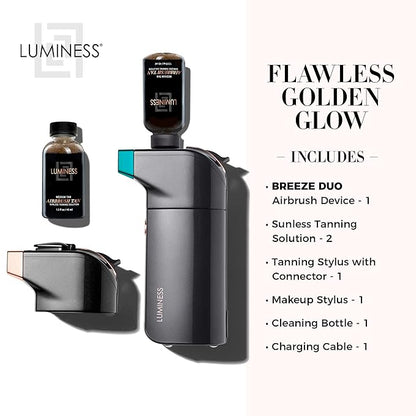 LUMINESS BREEZE DUO TANNING AIRBRUSH SYSTEM, Medium Tan – Self Tanner Kit includes Breeze Device with Makeup Stylus, Tanning Stylus & Sunless Tanning Solution - Long-Lasting, Buildable, Flawless Tan