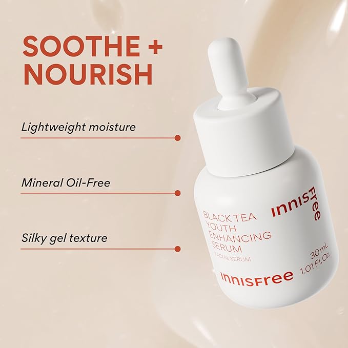 innisfree Black Tea Youth Enhancing Serum, Korean Serum with Niacinamide for Firming and Glow