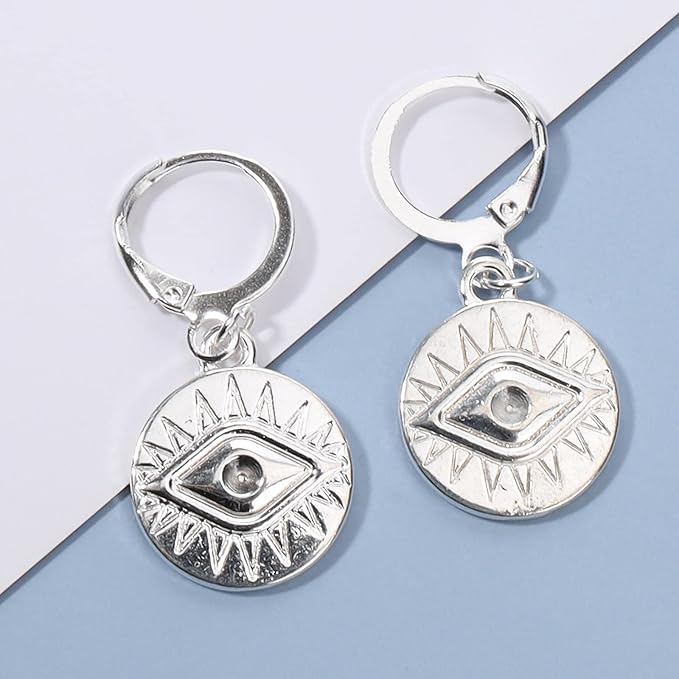 Evil Eye Coin Earrings Silver Disc Drop Earrings