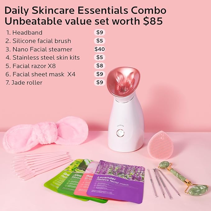 Colorfarm Facial Steamer Skin Care Set: Face Steamer Home Spa Kit Deep Cleaning Unclogs Pores with 6 Skin Care Tools - Spa Relaxing Self Care Gifts for Women (Daily Skincare Essentials Combo)