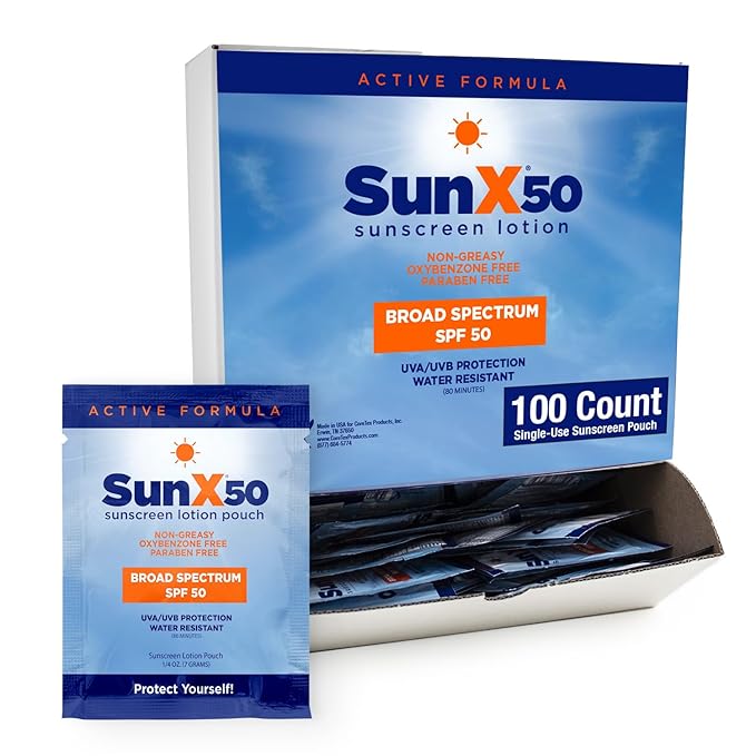CoreTex Sun X 50 SPF Individual Sunscreen Packets Travel Size (100ct.) - Paraben, Oxybenzone, & Octinoxate Free - Oil Free, Broad Spectrum (UVA/UVB) Sunscreen - Water & Sweat Resistant up to 80 Min.