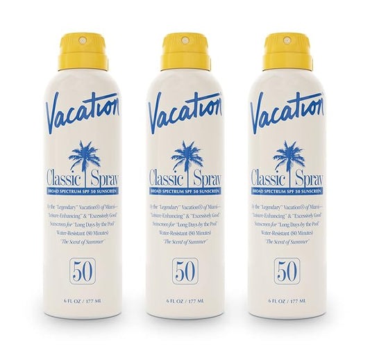 Vacation Classic Spray Sunscreen SPF 50 3-Pack, Broad Spectrum Sunscreen Spray, Vegan Sunblock Spray, Body Lotion with SPF, Spray Sunscreen SPF 50, 6 fl. oz. (Pack of 3)