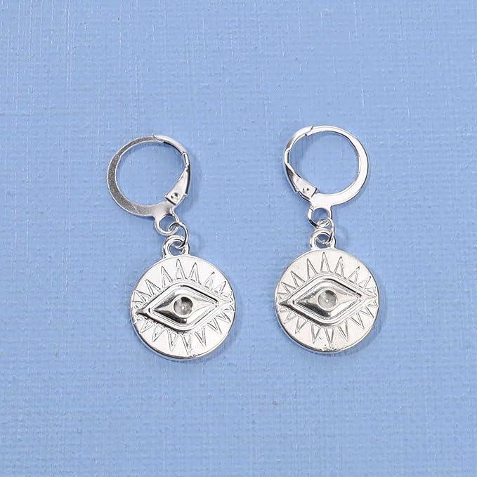 Evil Eye Coin Earrings Silver Disc Drop Earrings