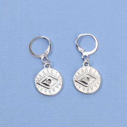 Evil Eye Coin Earrings Silver Disc