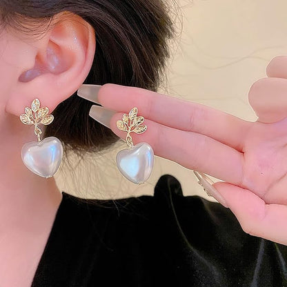 Vintage Pearl Heart Drop Earrings Gold