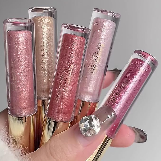 5 Colors Shimmery Glitter Lip Gloss Liquid Lipstick Set, Plumping Hydrating Lip Glow Oil, High Shine Sparkling Color Lipstick Makeup