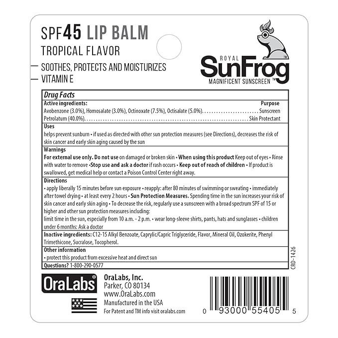 Royal SunFrog | 2-Pack Tropical Lip Balm with SPF 45 Sun Protection | Protects, Soothes, and Moisturizes with Vitamin E and Sunscreen (0.15oz/4.25g Per Stick)