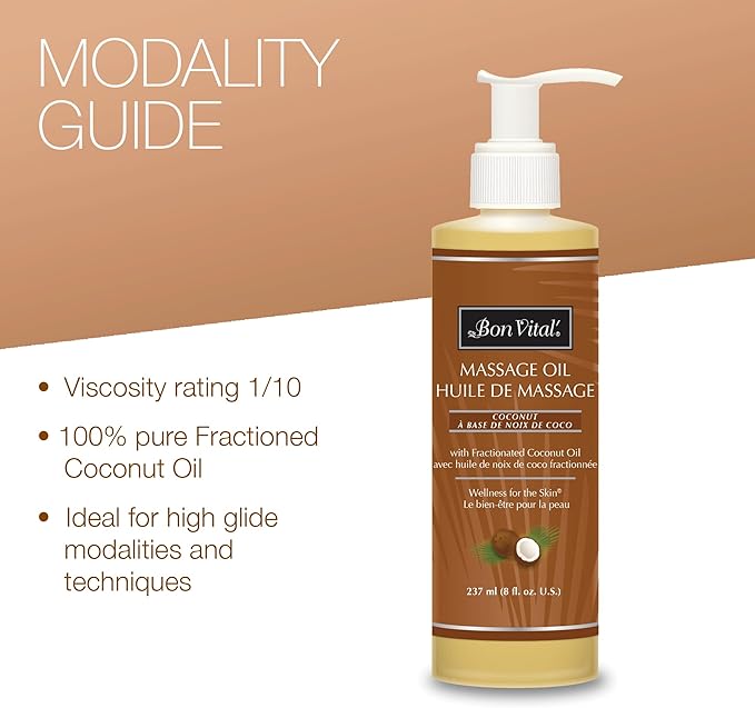 Bon Vital' Coconut Massage Oil with 100% Pure Fractionated Coconut Oil to Repair Dry Skin, Used by Massage Therapists and At-Home Use for Therapeutic Massages and Relaxation, 8 Oz, Label may Vary