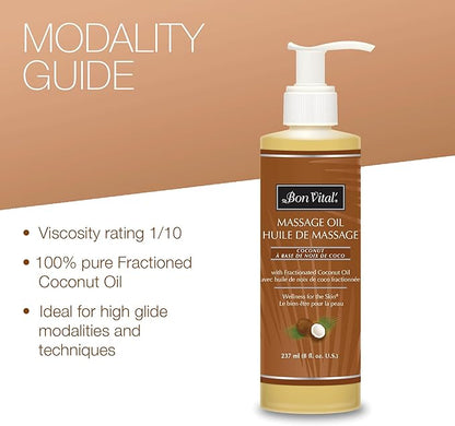 Bon Vital' Coconut Massage Oil with 100% Pure Fractionated Coconut Oil to Repair Dry Skin, Used by Massage Therapists and At-Home Use for Therapeutic Massages and Relaxation, 8 Oz, Label may Vary