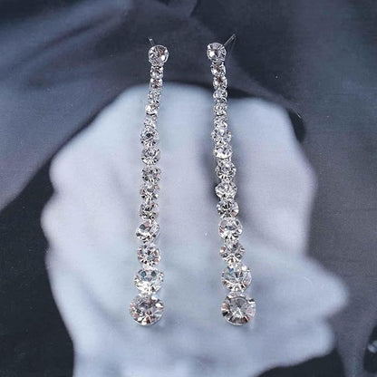 Vintage Rhinestone Chain Drop Earrings Silver Linear Crystal