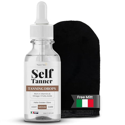 Team Tan Self Tanning Drops - Fully Customizable Body and Face Tanning Drops, Active Skincare Ingredients Enriched Self Tanner Kit for Fake Tan, No Streaks or Nasty Smell (Medium)