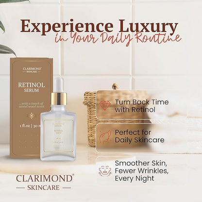 CLARIMOND Retinol Multi-Peptides Serum for Face – 2.5% Resurfacing Retinol and Hyaluronic Acid Serum with Niacinamide & Aloe Vera for Anti-Aging, Brightening, Wrinkle Reduction & Dark Spot Treatment