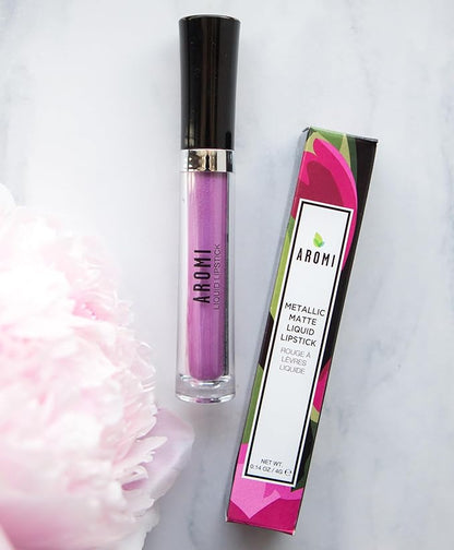 Aromi Purple Lilac Metallic Liquid Lipstick | Bright Lavender Lip Color with Shimmery Finish, Vegan and Cruelty-free, Long-Lasting, Smudge Proof (Purple Unicorn)