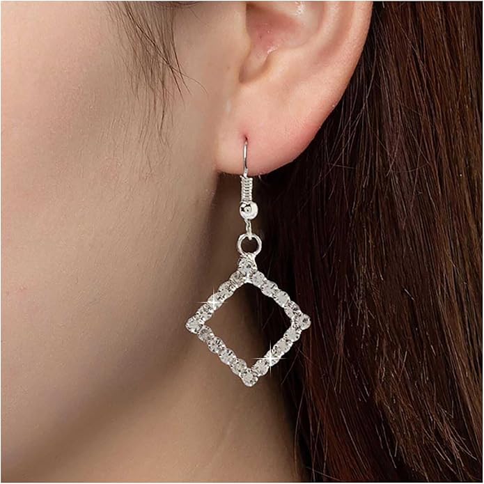 Vintage Crystal Square Drop Earrings Rhinestone Square Dangle