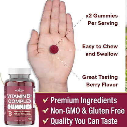NEW AGE Vitamin B Complex Gummies with Vitamin B3, B5, B6, B7, B9 & B12 – with Biotin, Folic Acid & Vitamin C – Gluten-Free, Vegan, Made in The USA! (60 Count (Pack of 1))