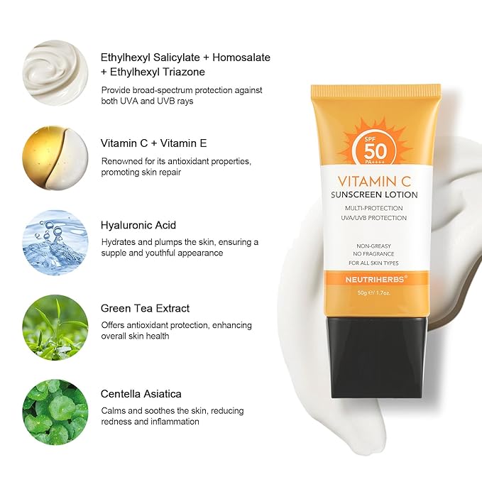 NEUTRIHERBS Sunscreen Tinted SPF 50 for Face & Body, PA++++ Sunblock Lotion, Broad Spectrum, Vitamin E and Vitamin C Face Sunscreen, Travel Sunscreen