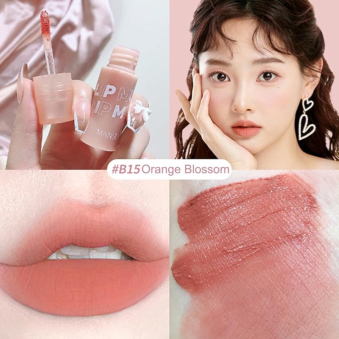 Matte Ink Lip Tint Stain, Lip Mud, Lasting Non-Stick Cup Matt Lip Gloss, Korean Liquid Lipcolor Makeup, Cheeky, Rose Nude Lipstick for Women (B15# Orange Blossom)