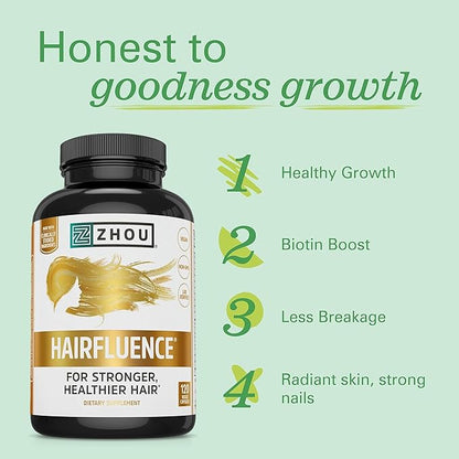 ZHOU Hairfluence, Hair Growth Supplement with Clinically Studied Lustriva and Keranat and Hair Vitamins Biotin 5000mcg, Vitamin D, A, C & B12, Non-GMO, Gluten Free, 120 VegCaps