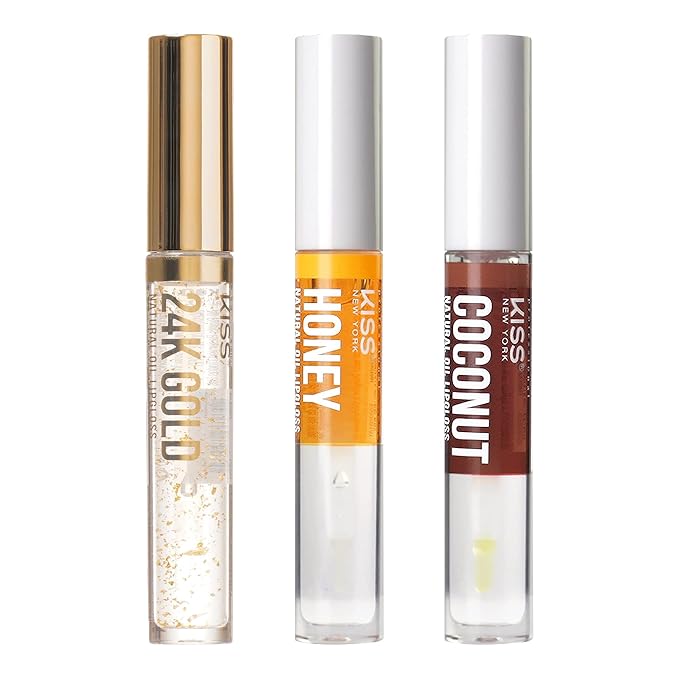 Kiss New York 3 PACK Lip Oil Gloss, Hydrating Non-Sticky Lip Oil, 100% Natural Oil Clear Lip Gloss, Lightweight Lip Moisturizer (Gold & Honey & Coconut)