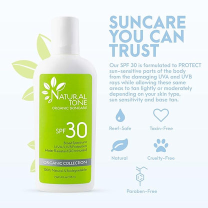 SPF30 Broad Spectrum Natural Sunscreen, Soothing and Hydrating Mineral Sunscreen, Vegan, Paraben-Free Sunblock, Water-Resistant Sunscreen for Face and Body, 4oz - Natural Tone Organic Skincare