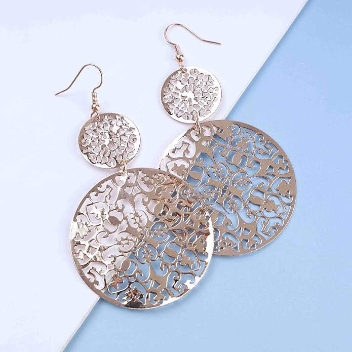 Filigree Hollow Disc Dangle Drop Earrings Boho Gold