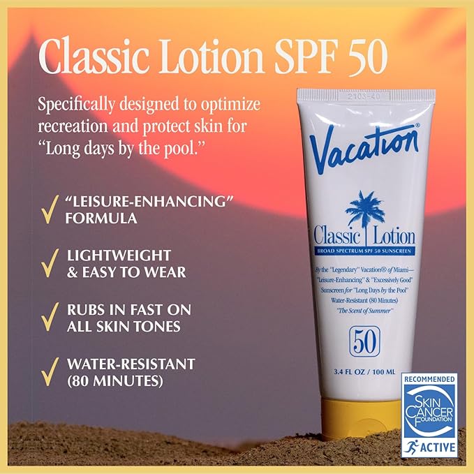 Vacation Classic Sunscreen Lotion SPF 50 3-Pack, Water Resistant Broad Spectrum Sunscreen Sun Block, Vegan Sun Tanning Lotion, Body Lotion with SPF, Travel Size Sunscreen, 3.4 fl. Oz. (Pack of 3)