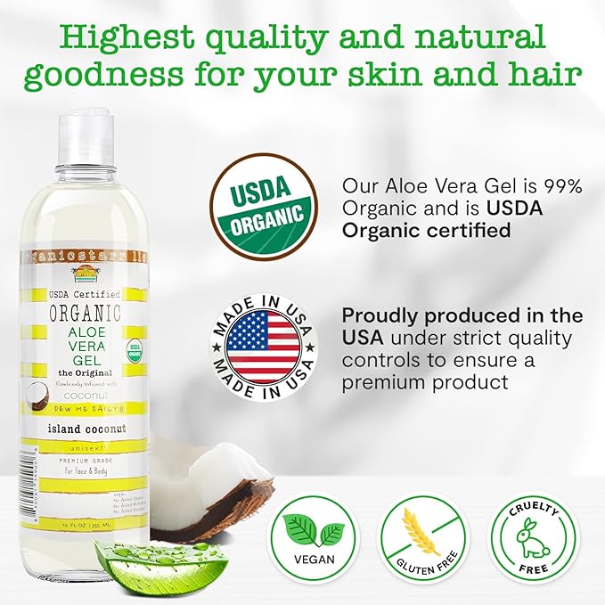USDA Certified Organic Aloe Vera Gel 12 oz - 100% Pure, Cold Pressed, Hand Harvested, Infused with Natural Coconut Extract, Chemical-Free - Skin & Hair Care, Made in USA