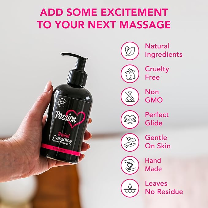 Passion Sensual Massage Oil for Date Night | 100% Natural Body Oil for Couples with Jojoba & Almond | Aromatherapy & Relaxing Massage Therapy | Perfect Glide & Smooth Skin | Tropical Paradise Scent