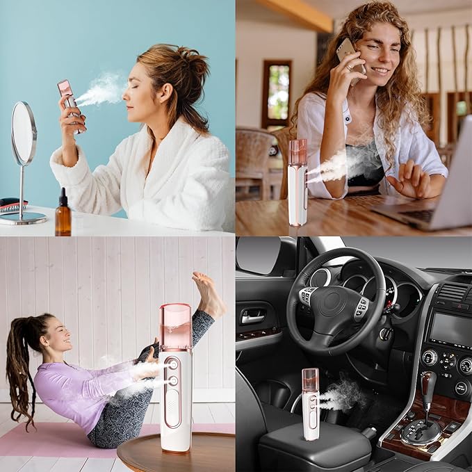 Nano Facial Mister, Cool Mist Face Steamer with 2 Spray Nozzle, USB Rechargeable, Visual Water Tank, Nano Mister for Eyelash Extensions, Skin Care, Daily Makeup, Deep Hydrating-Pink