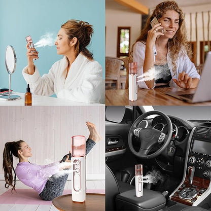 Nano Facial Mister, Cool Mist Face Steamer with 2 Spray Nozzle, USB Rechargeable, Visual Water Tank, Nano Mister for Eyelash Extensions, Skin Care, Daily Makeup, Deep Hydrating-Pink