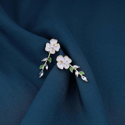 Vintage Pearl Flower Earrings Crystal Leaf