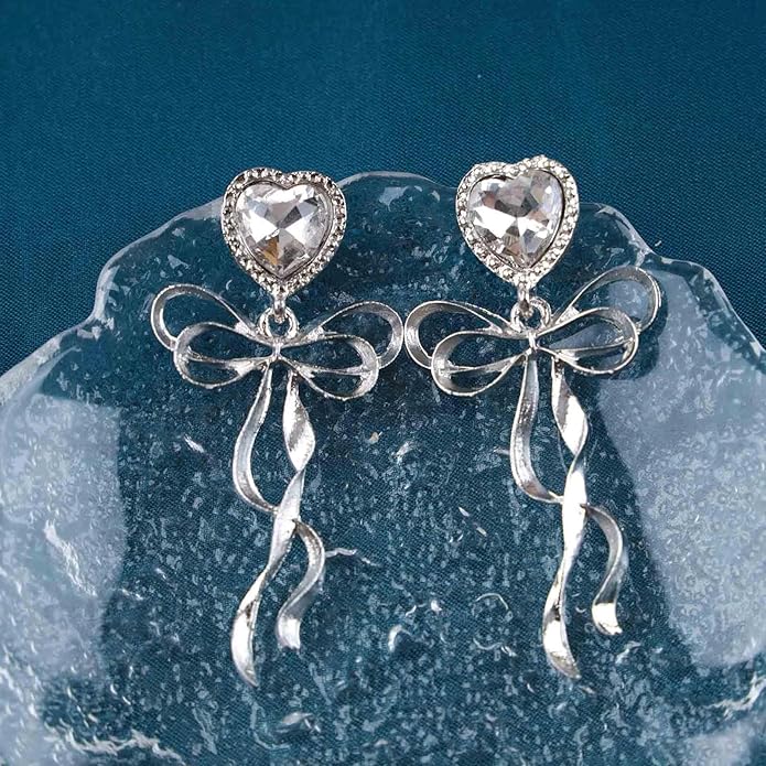 Vintage Crystal Bow Dangle Earrings Rhinestone