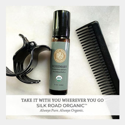 Silk Road Organic Rosemary Essential Oil & Jojoba Roll On, 100% Pure USDA Certified Aromatherapy to Improve Memory & Focus & Hair Health - 10 ml Roller