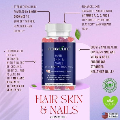 Hair Skin and Nails Gummies - Supports Healthy Hair, for Men & Women, Vegan Biotin Vitamins, Hair Growth, Stronger Nails, Healthy Skin, Made in USA, 60 Count