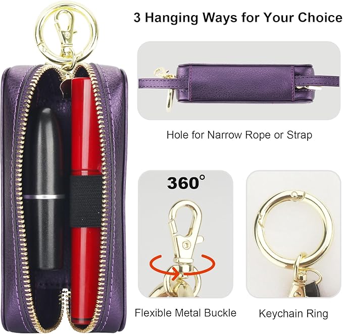 Bocasal Leather Lipstick Case Holder Chapstick Keychain Pouch, Zipper Lip Balm Lip Gloss Bag for Purse with Elastic Band, Makeup Travel Organizer, Cosmetic Storage Kit for Women Girls (Dark Purple)