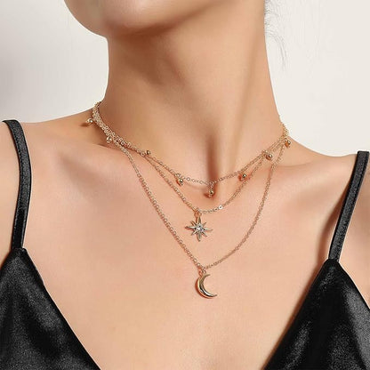 Bohemia Layered Star Choker Necklace Crescent Moon Pendant