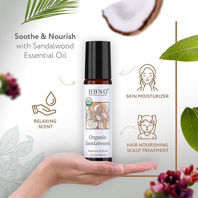 HBNO Organic Australian Sandalwood Essential Oil Roll-On -1/3oz(10 ml) Travel Size-USDA Certified Organic Sandalwood and Mct OilsPerfect for Traveling,Aromatherapy,Massage,perfumes,moisturizer
