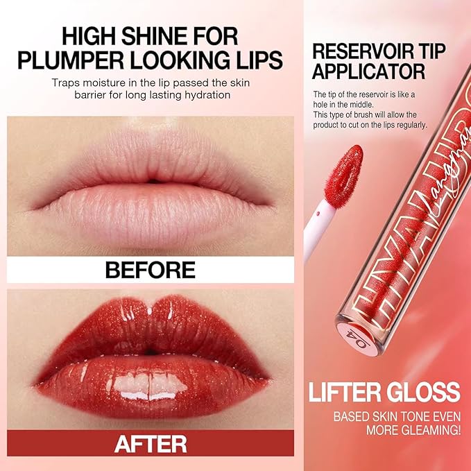 Rose Red Lip Gloss Lip Plumper Gloss Tinted Glitter Lipgloss Lip Oil Teens Moisturizing Lipstick Lip Balm High Shine And Vegan Plumping Lip Gloss For Women Girls Long-Lasting Dry Lip Care (08)