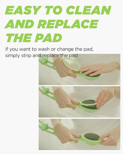 Body Oil Applicator (2nd gen) - 19" Foldable Long Curved Handle, with Replaceable Brush Head, Spill Prevention Non-Toxic Washable Foam Pad – Perfect for Tanning and Body Oils, Includes 2 Pads