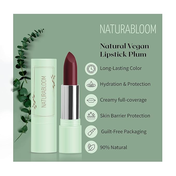 Vegan Lipstick (Plum) - Sensational One-Stroke Long Lasting Lipstick from Natural Oils & Butters Full-Coverage Lip Color with Shea Butter & Coconut Extact - Premium Hydrating Lipsticks