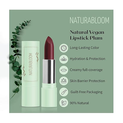 Vegan Lipstick (Plum) - Sensational One-Stroke Long Lasting Lipstick from Natural Oils & Butters Full-Coverage Lip Color with Shea Butter & Coconut Extact - Premium Hydrating Lipsticks