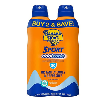 Banana Boat Sport Cool Zone SPF 30 Sunscreen Spray Twin Pack | Sport Sunscreen Spray SPF 30, Clear Sunscreen Spray, Banana Boat Sunscreen Spray SPF 30, Oxybenzone Free Sunscreen Pack, 6oz each