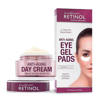 Retinol Anti-Aging Day Cream Broad Spectrum SPF 20 Moisturizes & Reduces Look of Fine Lines Anti-Aging Eye Gel Pads – Soothing Vitamin A Reduces Puffiness & Refreshes the Under Eye Area.