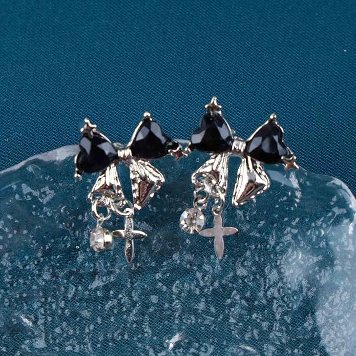 Vintage Crystal Bow Earrings Black Onyx Stud Earrings