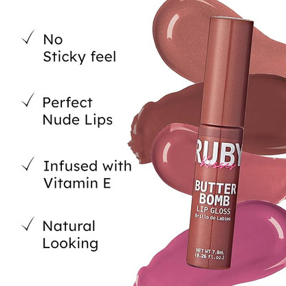 Ruby Kisses Lip Gloss Butter Bomb Gloss Non-Sticky Lip Gloss Vitamin E Natural Nude Lip Makeup - 7.8mL (0.26 US fl.oz) (Beau)